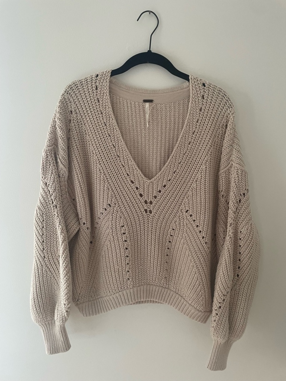 Free People Chunky V-Neck Open Stitch Sweater in Light Beige